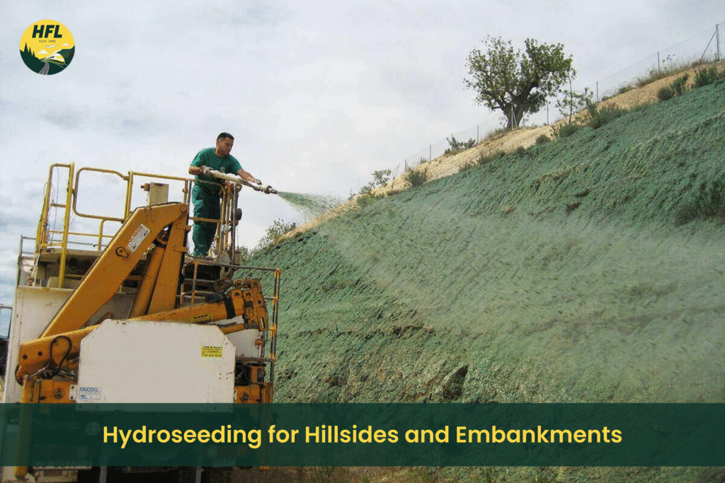 Hydroseeding application for soil erosion control and land restoration in a forest landscape