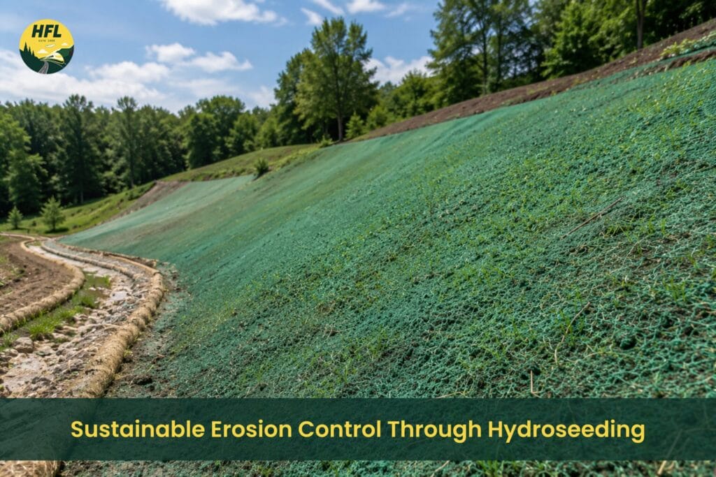 Sustainable erosion control through hydroseeding on a sloped landscape using biodegradable mulch and native vegetation for long-term soil stabilization.