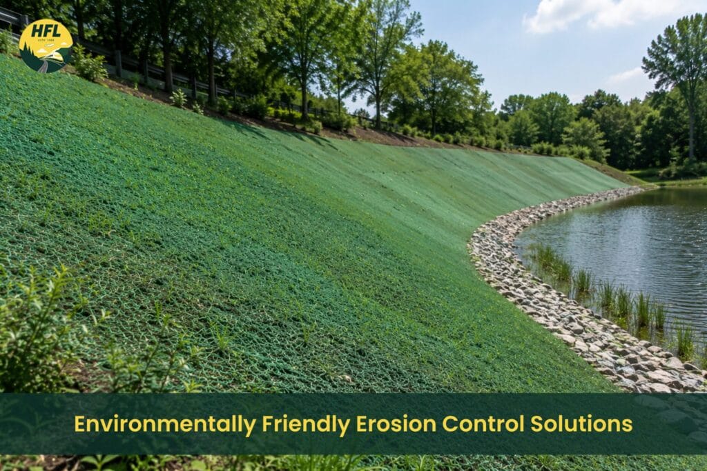 Environmentally friendly erosion control solution using hydroseeding to stabilize soil and promote sustainable vegetation growth along a waterbody.