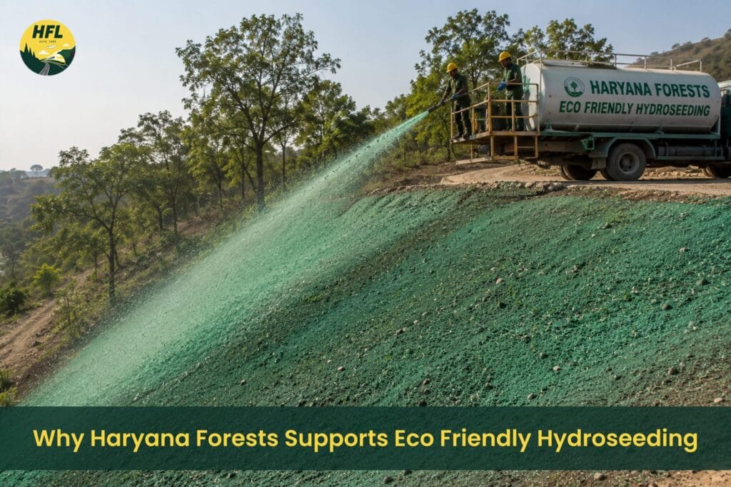 Hydroseeding operation by Haryana Forests using eco-friendly methods to stabilize soil, control erosion, and promote sustainable vegetation growth on sloped terrain.