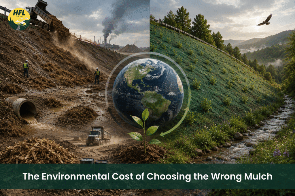 Split-screen showing the environmental impact of choosing sustainable vs. unsustainable mulch.