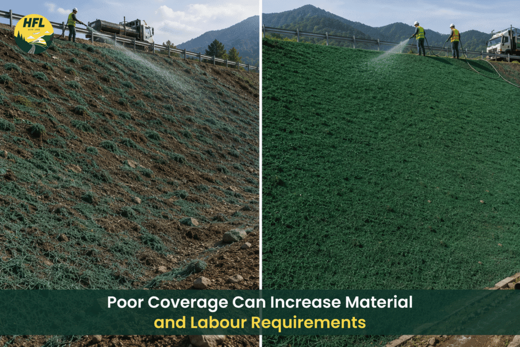 Hydroseeding slope with poor vs uniform coverage comparison.