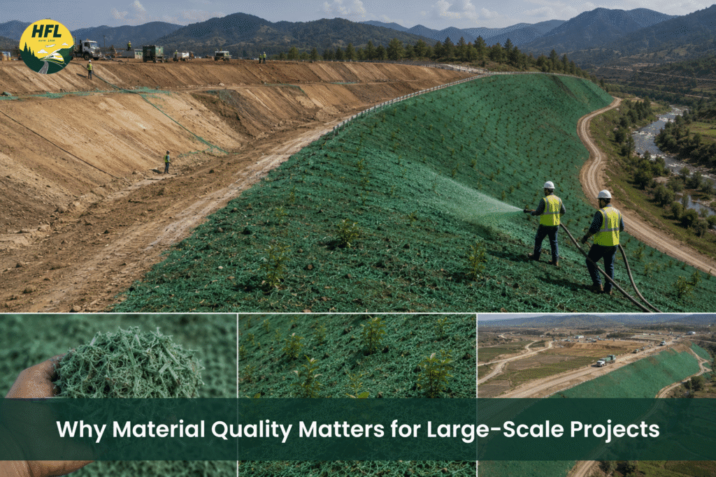 Wide view of a large-scale erosion control project where workers apply high-quality green hydro mulch to a steep embankment. The collage includes close-up views of the mulch material, newly established vegetation, and the completed project, emphasizing the importance of premium materials for long-term slope stabilization. The HFL logo appears in the top-left corner.