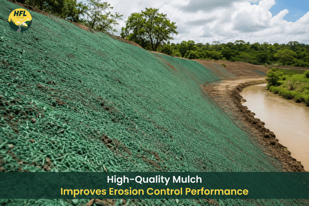 High-quality green hydromulch applied on a sloped embankment beside a water channel to improve erosion control and support vegetation establishment.