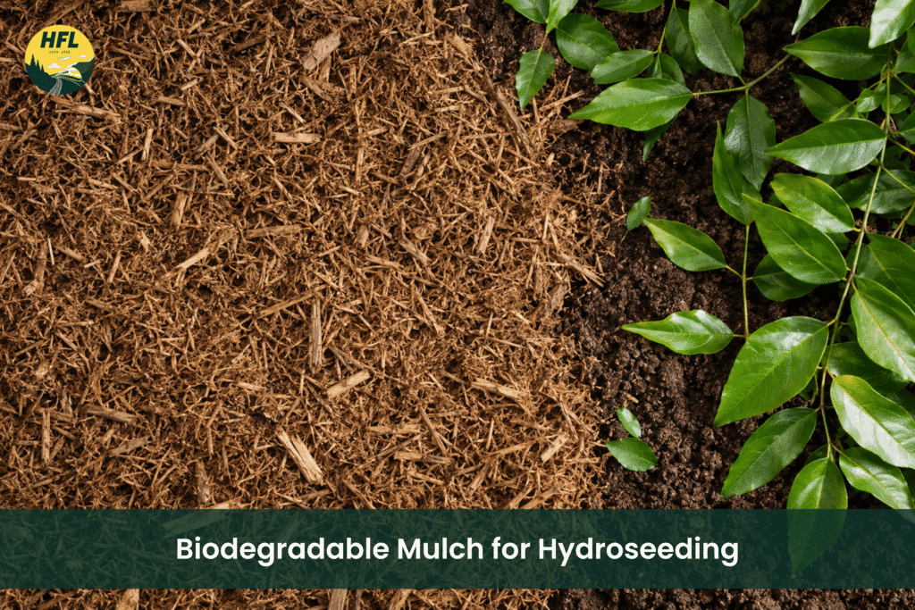 Close-up of biodegradable hydromulch spread over soil beside healthy green foliage, demonstrating an eco-friendly mulch solution for hydroseeding and vegetation establishment.
