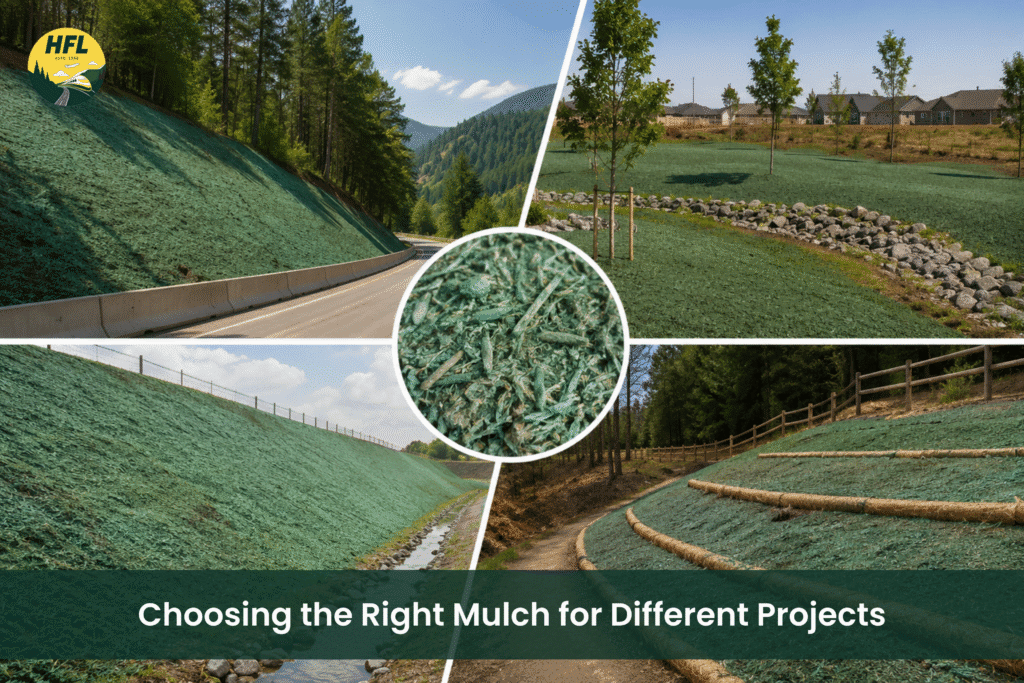 Collage showing multiple hydroseeding and erosion control projects using high-quality green mulch on highway slopes, residential landscapes, drainage channels, and stabilized embankments.