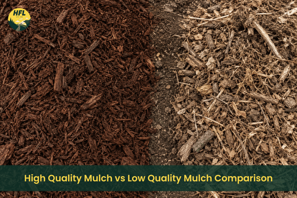 Side-by-side comparison of high-quality mulch and low-quality mulch showing differences in texture, consistency and organic material.