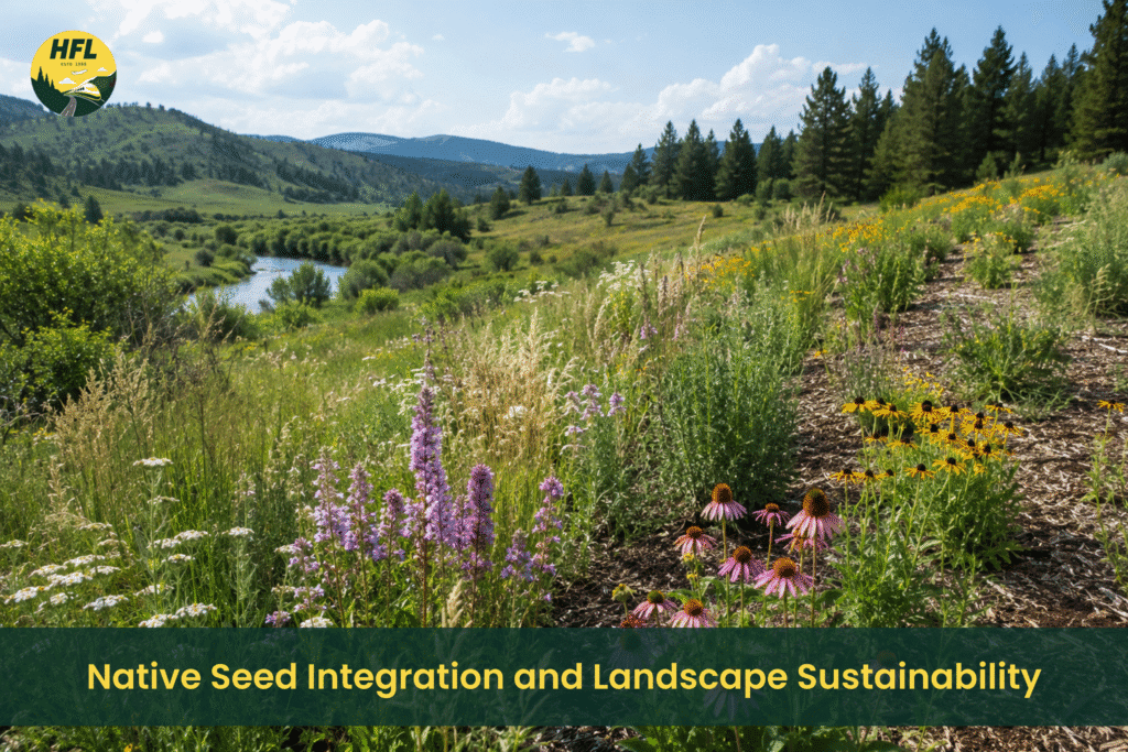 Native wildflowers and grasses growing in a sustainable landscape restoration project using native seed integration.