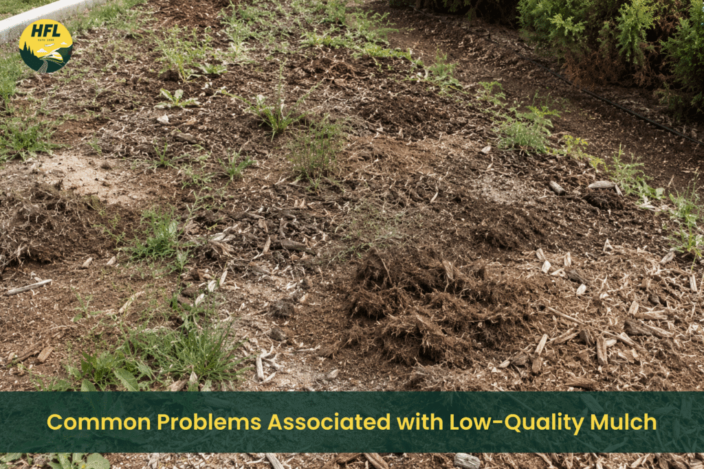 Landscape area showing poor plant growth and uneven coverage caused by low-quality mulch.