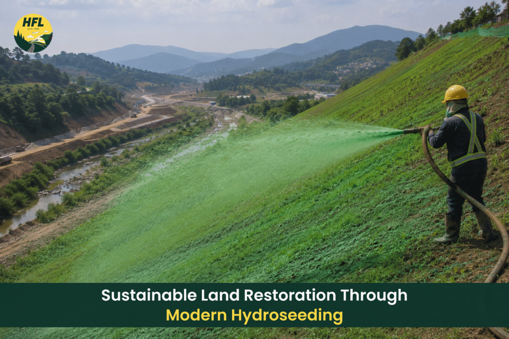 A worker sprays a green hydroseeding mixture onto a steep hillside overlooking a river, highway construction, and mountainous terrain.