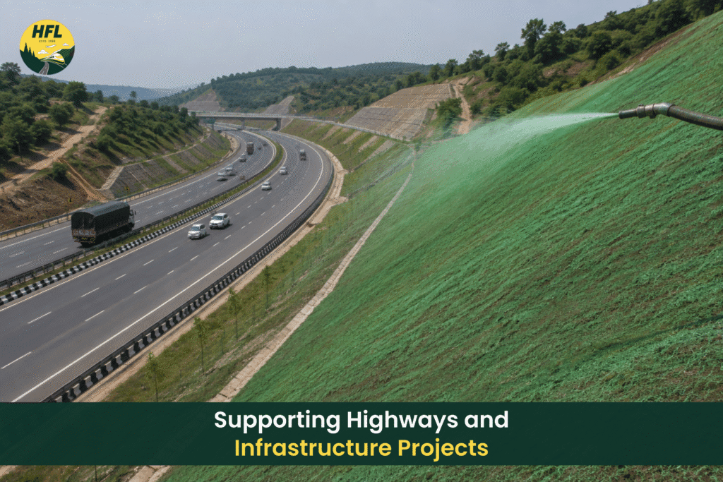 A hydroseeding hose sprays a green mixture onto a steep roadside slope beside a busy highway, supporting erosion control and vegetation growth.