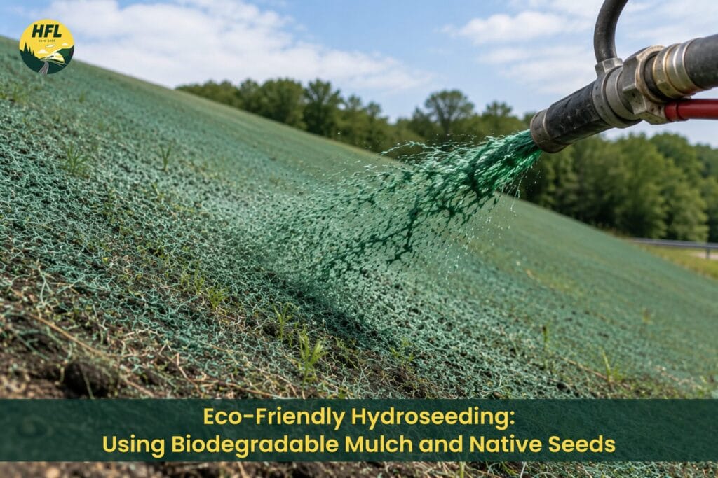 Eco-friendly hydroseeding using biodegradable mulch and native seeds for sustainable erosion control and vegetation growth
