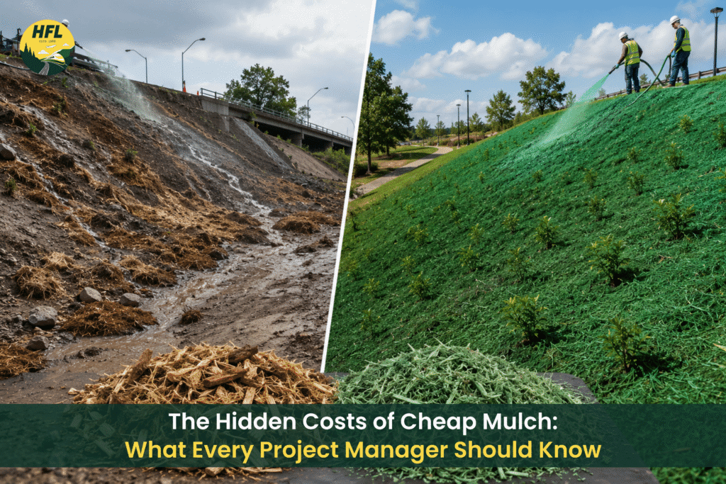 Side-by-side comparison of a steep slope with erosion caused by low-quality mulch and a stabilized slope covered with high-quality green hydro mulch. Workers apply mulch on the protected slope, illustrating the long-term benefits of premium mulch for erosion control. The HFL logo appears in the top-left corner.