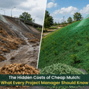 Side-by-side comparison of a steep slope with erosion caused by low-quality mulch and a stabilized slope covered with high-quality green hydro mulch. Workers apply mulch on the protected slope, illustrating the long-term benefits of premium mulch for erosion control. The HFL logo appears in the top-left corner.