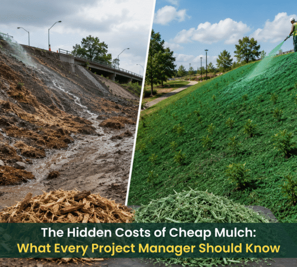 Side-by-side comparison of a steep slope with erosion caused by low-quality mulch and a stabilized slope covered with high-quality green hydro mulch. Workers apply mulch on the protected slope, illustrating the long-term benefits of premium mulch for erosion control. The HFL logo appears in the top-left corner.