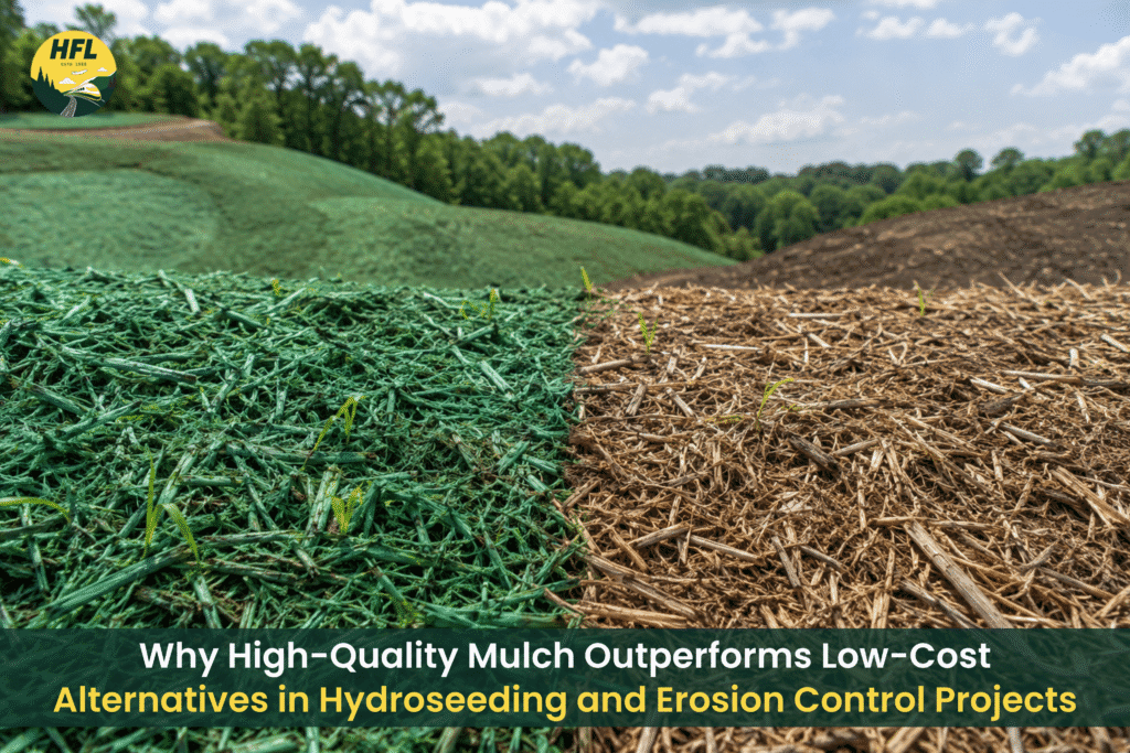 Side-by-side comparison of high-quality hydro mulch and low-cost mulch in hydroseeding and erosion control applications.