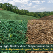 Side-by-side comparison of high-quality hydro mulch and low-cost mulch in hydroseeding and erosion control applications.