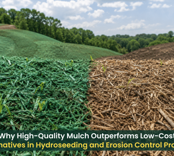 Side-by-side comparison of high-quality hydro mulch and low-cost mulch in hydroseeding and erosion control applications.