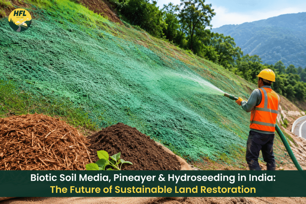A worker applies green hydroseeding material to a steep roadside slope, with piles of biotic soil media and pine-based mulch in the foreground.