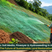 A worker applies green hydroseeding material to a steep roadside slope, with piles of biotic soil media and pine-based mulch in the foreground.