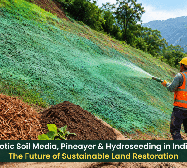 A worker applies green hydroseeding material to a steep roadside slope, with piles of biotic soil media and pine-based mulch in the foreground.